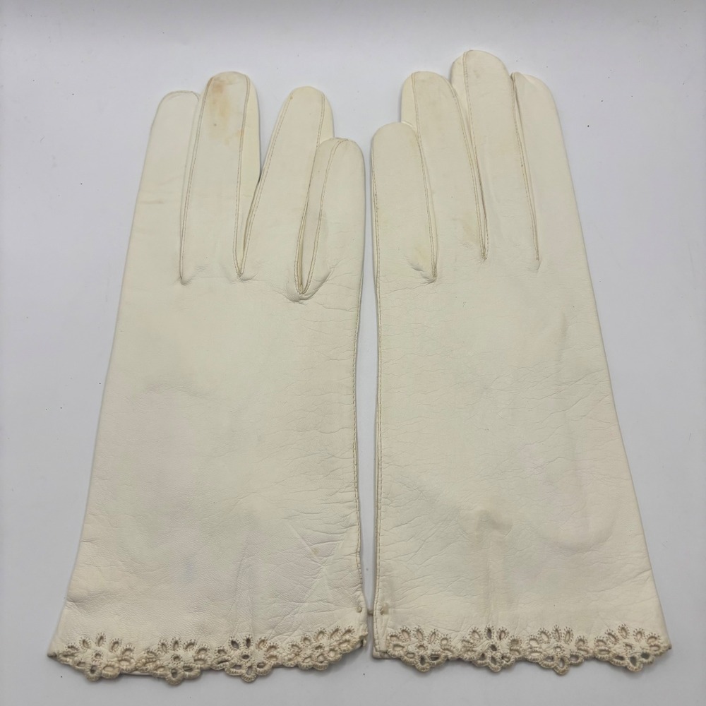 Vintage Guanti di Lusso Italian Capretto Leather‎ Gloves White Lace Trim Size 8